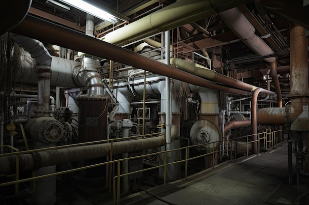 Plant with pipes and equipment running through the facility producing ores