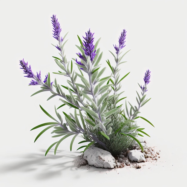 A plant with purple flowers is in a pile of rocks.