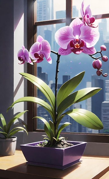 a plant with purple flowers in a window sill with a city in the background