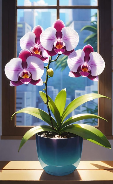 a plant with purple and white flowers in a blue vase