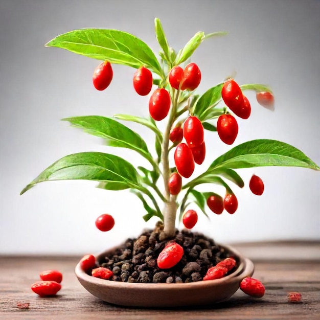 Photo a plant with red berries and green leaves in a bowl