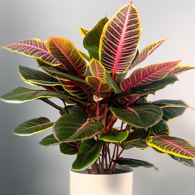 A plant with red and green leaves is in a white vase.