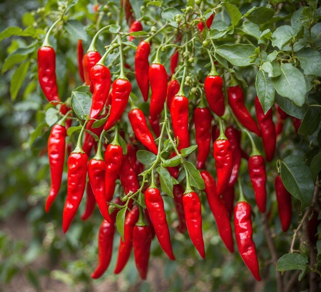 a plant with red peppers hanging from it