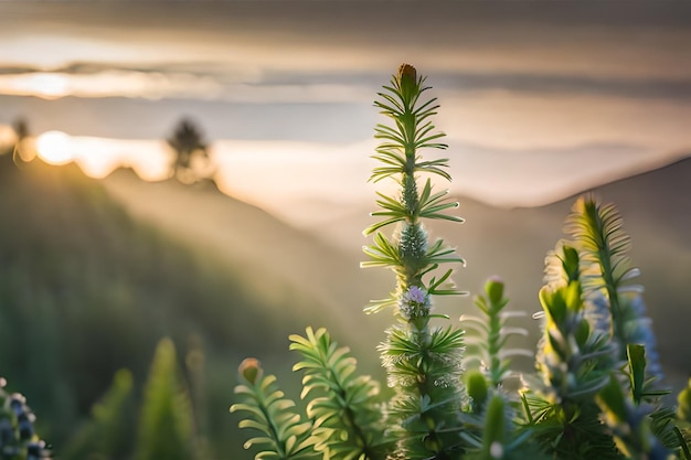 a plant with the sun behind it