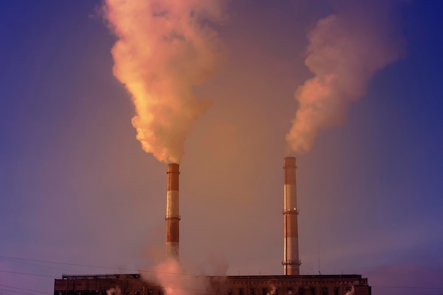 Plant with two pipes smoke into the sky the pollution of\
nature