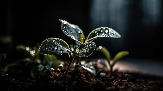 暗闇の中で水滴がついた植物