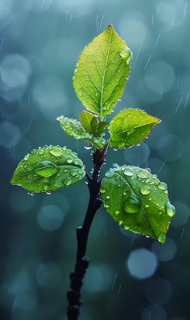 a plant with water drops on it and a green leaf that is on a dark background