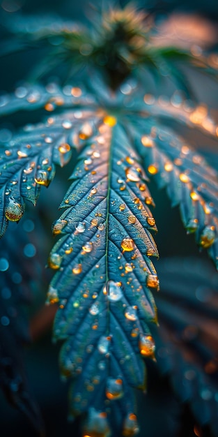 a plant with water drops on it and a green leaf