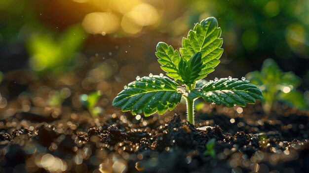 その上に水の滴が落ちており太陽が葉を照らしている植物