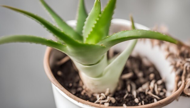 a plant with a white flower in a pot with seeds in it