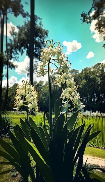 A plant with white flowers in a field with tall trees in the background.