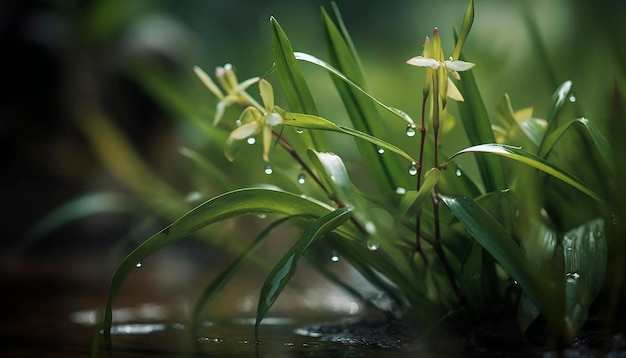 A plant with white flowers in the rain