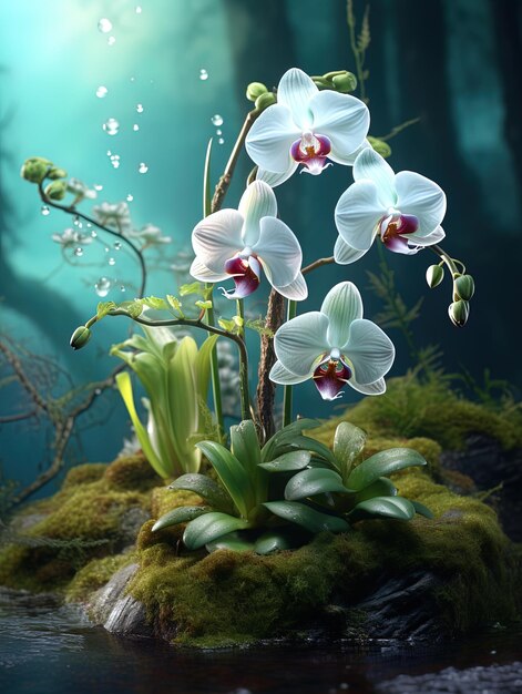 Photo a plant with white and purple flowers in a jungle with water and plants