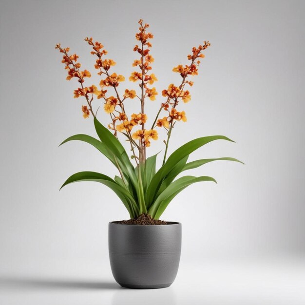 a plant with yellow flowers in a black pot