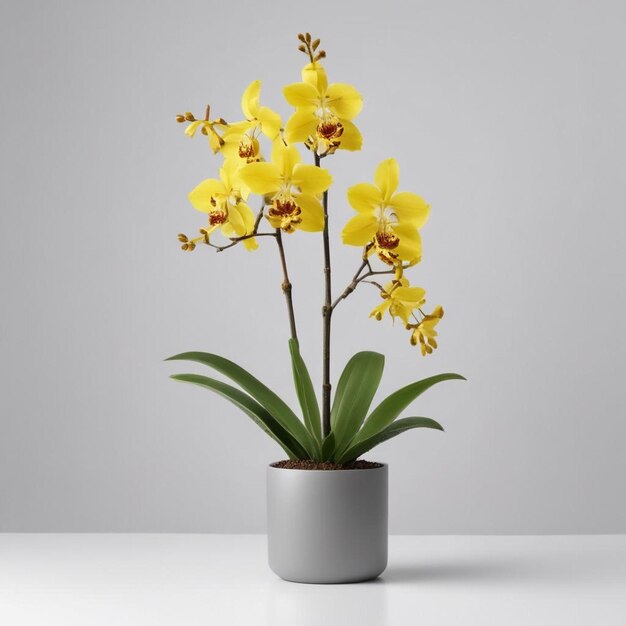 a plant with yellow flowers in a gray pot