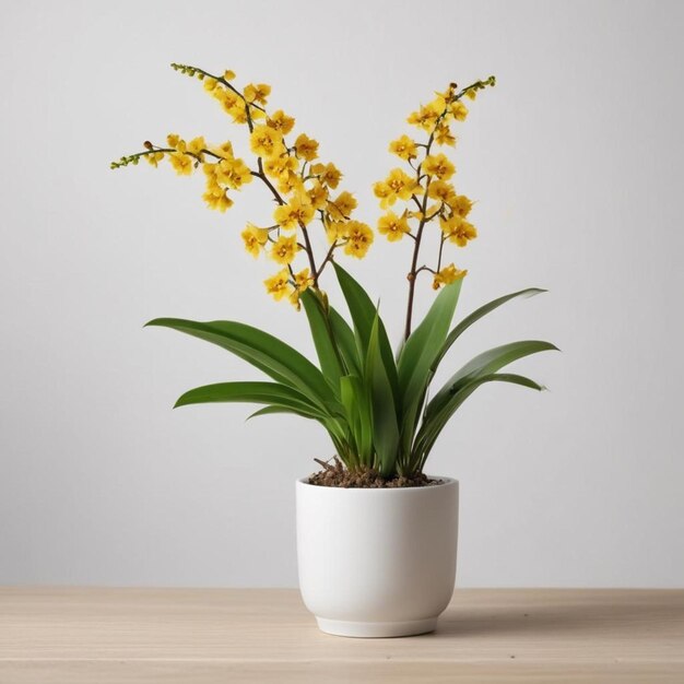 a plant with yellow flowers in a white pot on a table