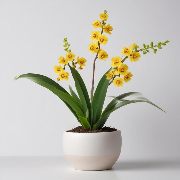 a plant with yellow flowers in a white pot