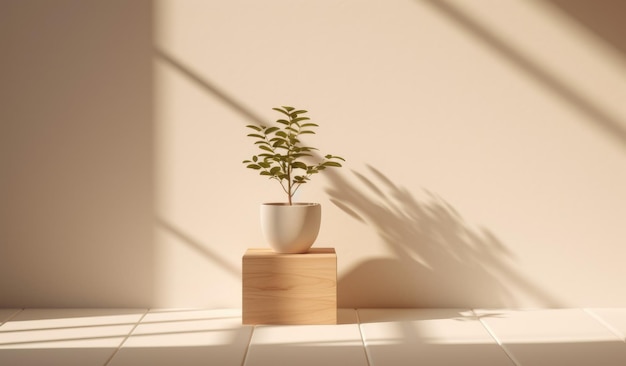 A plant on a wooden block in a bright room with a light pink wall and a plant on it.