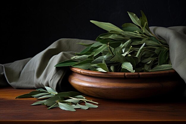 a plant in a wooden bowl with a cloth on it