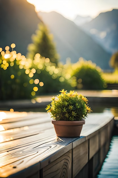 Photo a plant on a wooden deck with mountains in the background