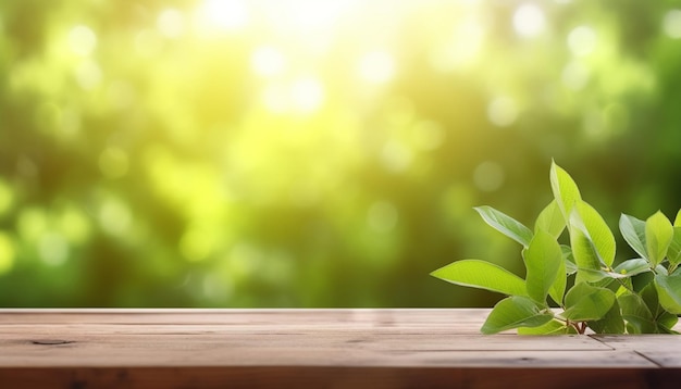 緑の背景の木のテーブルの上の植物