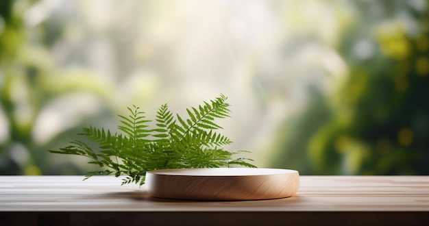 a plant on a wooden table with a green plant in the background.