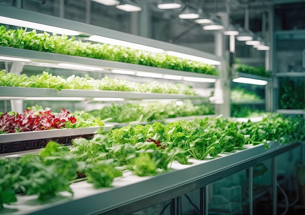 Plantaardig hydrocultuursysteem Groene sla moestuin groeit op hydrocultuursysteem boerderijplanten op waterlandbouw in de kas voor gezonde voeding Foto gegenereerd met behulp van Leonardo AI