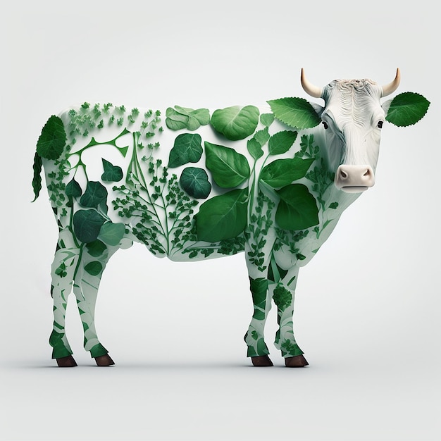 Plantaardig vlees gemaakt koe gemaakt van planten op witte achtergrond gemaakt met generatieve AI.