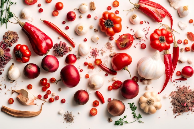 Plantaardige ingrediënten en kruiden gerangschikt op witte tafel