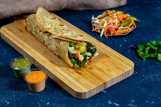 Plantaardige shoarma wrap met salade dip en saus geïsoleerd houten plank zijaanzicht van fastfood