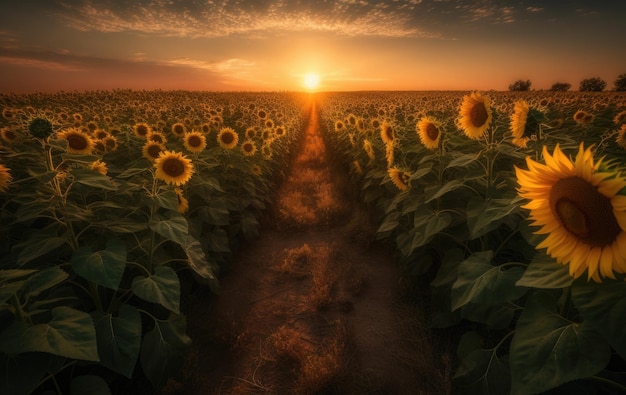 Plantacao de girassois ao por do sol abelhas a recolher o nectar Uma beleza serena Generative IA