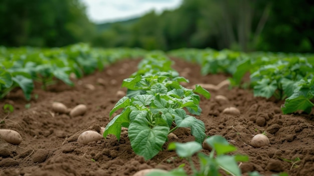 Plantation with potato seedlings young green shoots of potatoes in the ground root crop sprouts