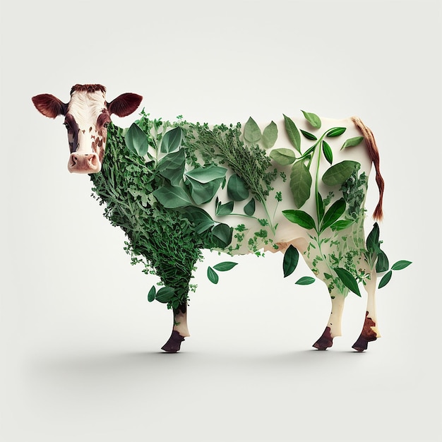 Photo plantbased meat created cow made of plants on white background made with generative ai