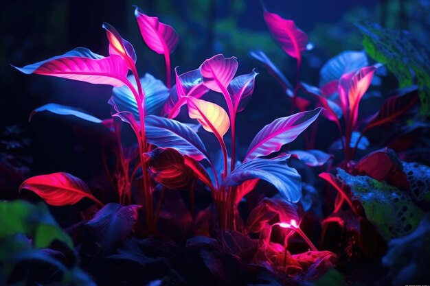 Planten die's nachts in neonlicht gloeien, gegenereerd door AI.