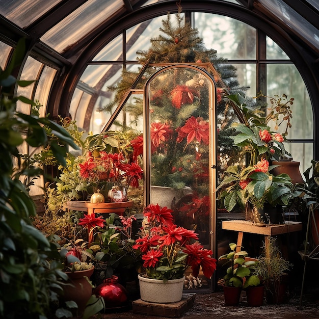 planten en decoraties met kerstthema in de kas