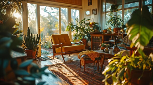 Planten en meubels in een levendige woonkamer