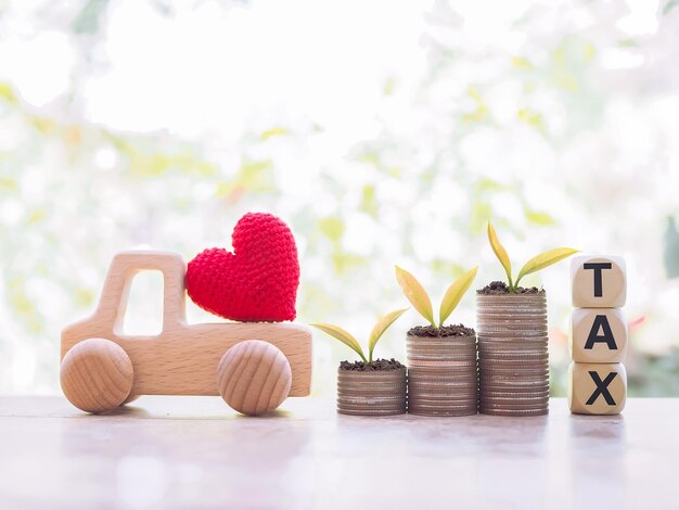 Planten groeien op munten en houten blokken met het woord BELASTING. Het concept van het betalen van belasting voor auto