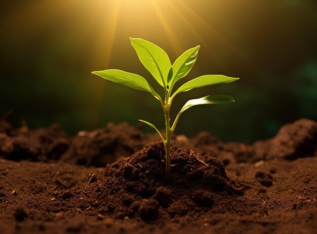 Planten groeien uit de bodem in het zonlicht