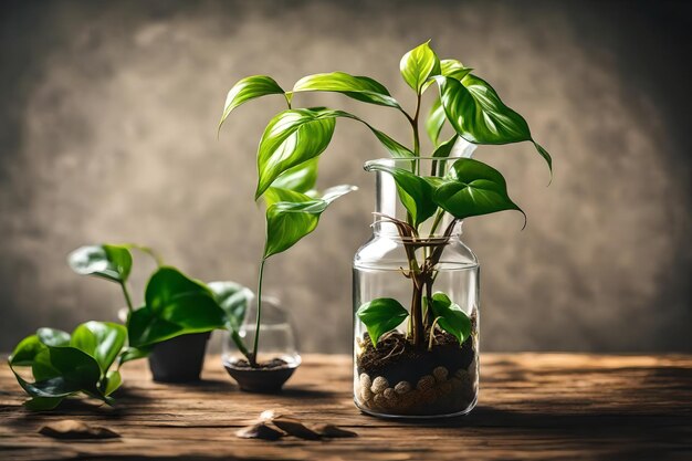 Planten in een fles met de tekst "plant" erop.