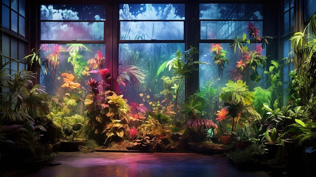 Planten in een raam met een tropisch tafereel