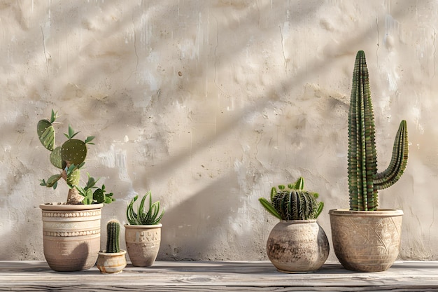 Planten in potten op tafel tegen grunge muur ruimte voor tekst