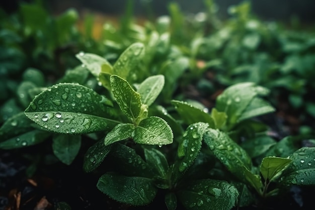 Planten met zoetwaterdruppels in de tuin op een regenachtige ochtend op het platteland Generatieve AI