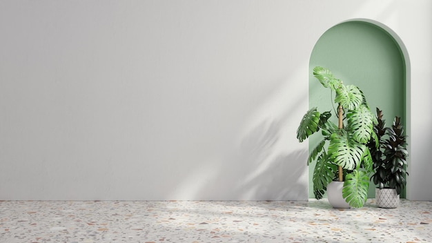 Planten op een terrazzovloer in lege witte kamer