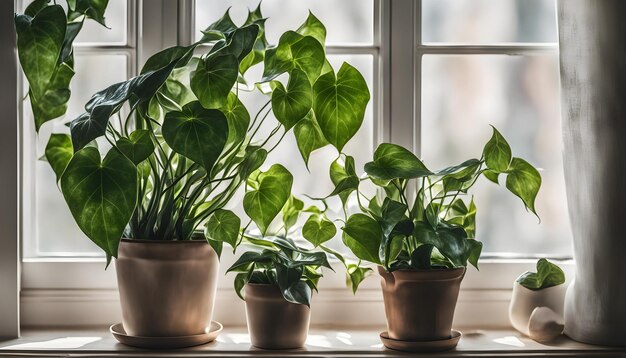 planten op een vensterbank met een raam achter hen