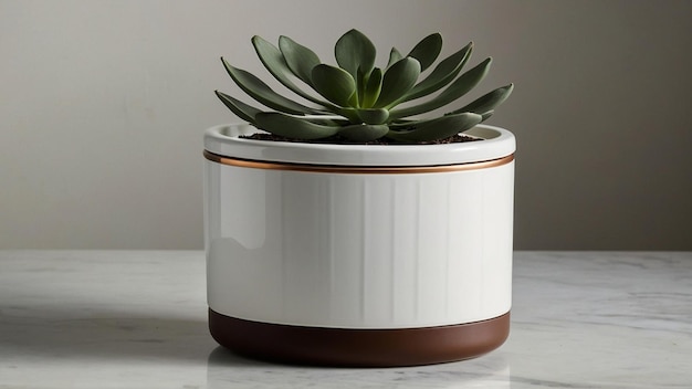 Photo a planter with a brown and white base sits on a marble table