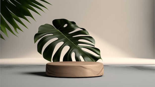 A planter with a large leaf on it sits on a gray surface.