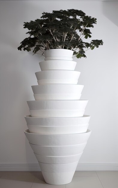 a planter with a plant on it is on a white shelf