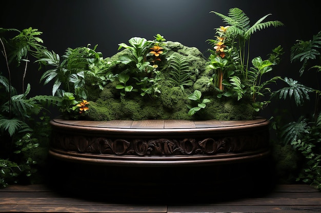 A planter with plants and flowers on the bottom