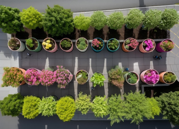 A planter with a variety of plants in it