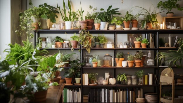 植物で満たされた本棚 ⁇ 様々なサイズや種の鉢が本や装飾の間に配置されています ⁇ 